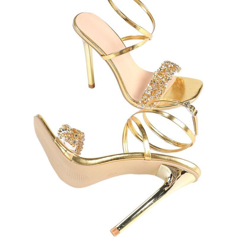 Fashion Women's Gold Luxury Vintage High Quality Stiletto Heels with Glamorous PVC Glitter Ankle Embellishments Gold-plated