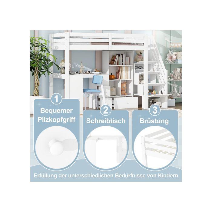 Lit mezzanine - MUVOE - 90x200 cm - Échelle télescopique - Étagères multiples - Certifié EN 747