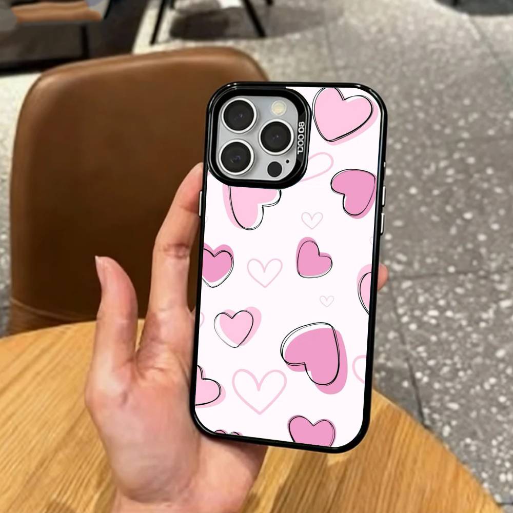 C-Cute P-Pink Love Heart   Phone Case For iPhone17,16,15,14,13,12,11 Plus,Pro Max Colored Silver Plated Inside Cover
