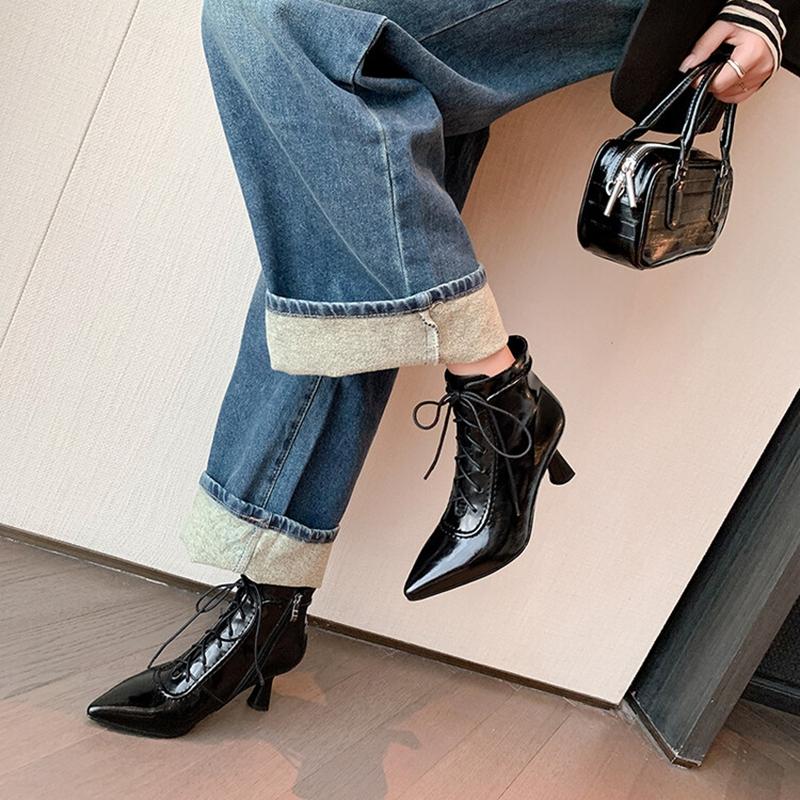Fashion NEW Autumn Women Boots Pointed Toe Thin Heel Shoes Split Leather Shoes for Women Lace-up Zipper Ankle Boots Elegant Modern Boots