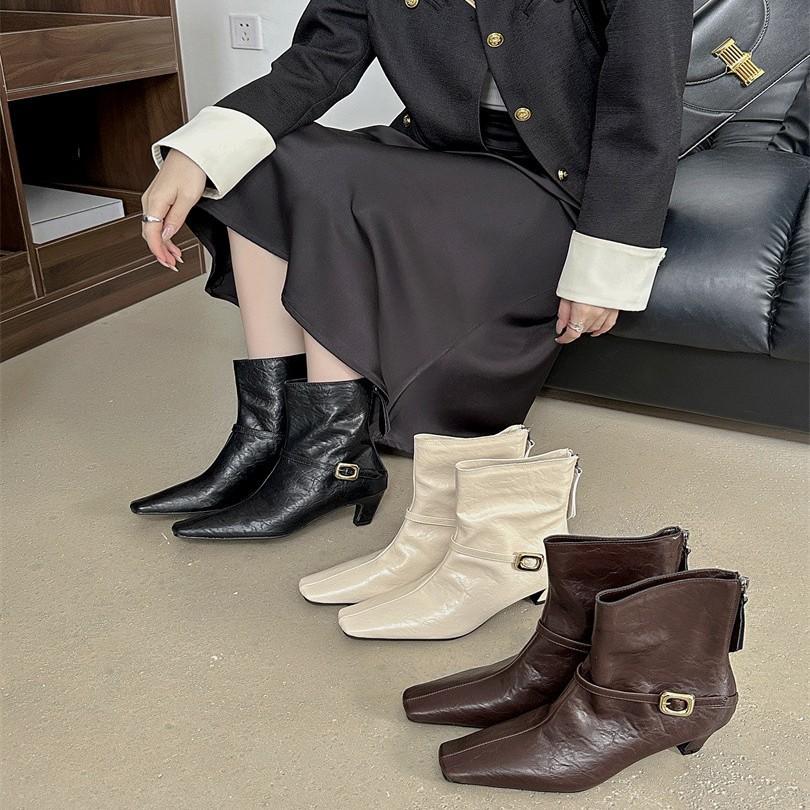 Belt Buckle and Bare Boots Women's Short Boots Autumn New Products Inside and Outside Head Middle Heel Rear Zipper Women's Single Boots