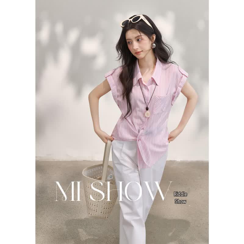 Mixiu Women s Pink Striped Knot-Front Blouse M