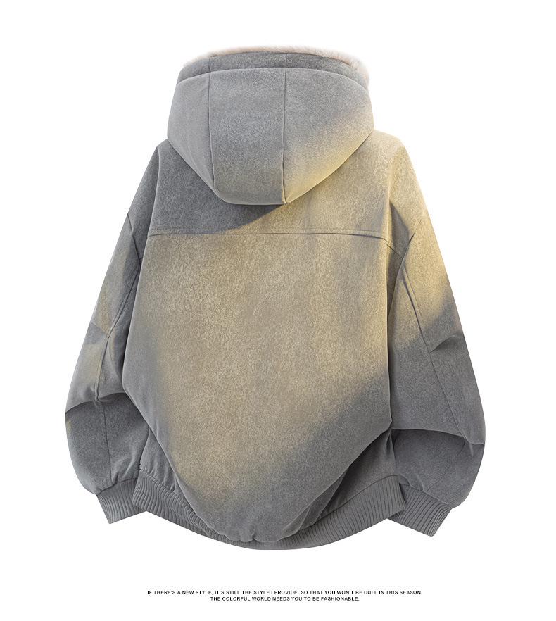 Unisex American Style Mountain Eagle Fur Collar Hooded Winter Coat - Thick Velvet Lined for Warmth and Cold Protection
