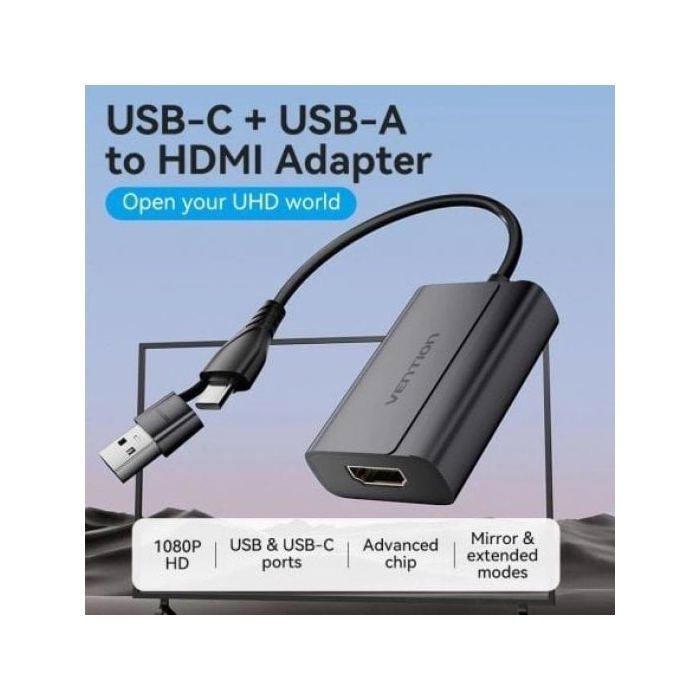 Adaptador Vention ACYHB USB-C Macho + USB-A Macho a HDMI Hembra 1080P Gris 0.15m