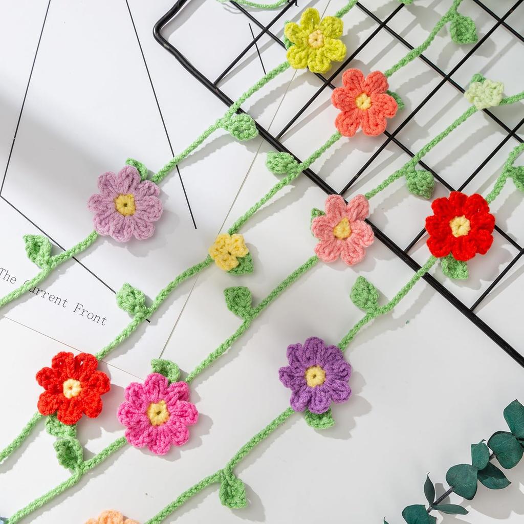 Handmade Crochet Flower Garland, Knitting Wool Spring Bunting Floral Ornaments, Colorful Flower Hanging Garland for Boho 1st Birthday Party Supplies,