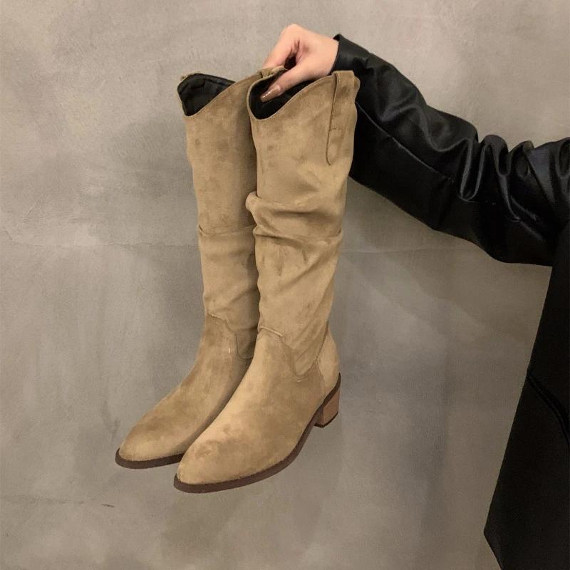 Fashion Hot Selling Women Boots Vintage Chunky Heel Cowboy Boots 2025 Autumn Faux Suede Long Boots Woman Pointy Knee-high Botas Mujer