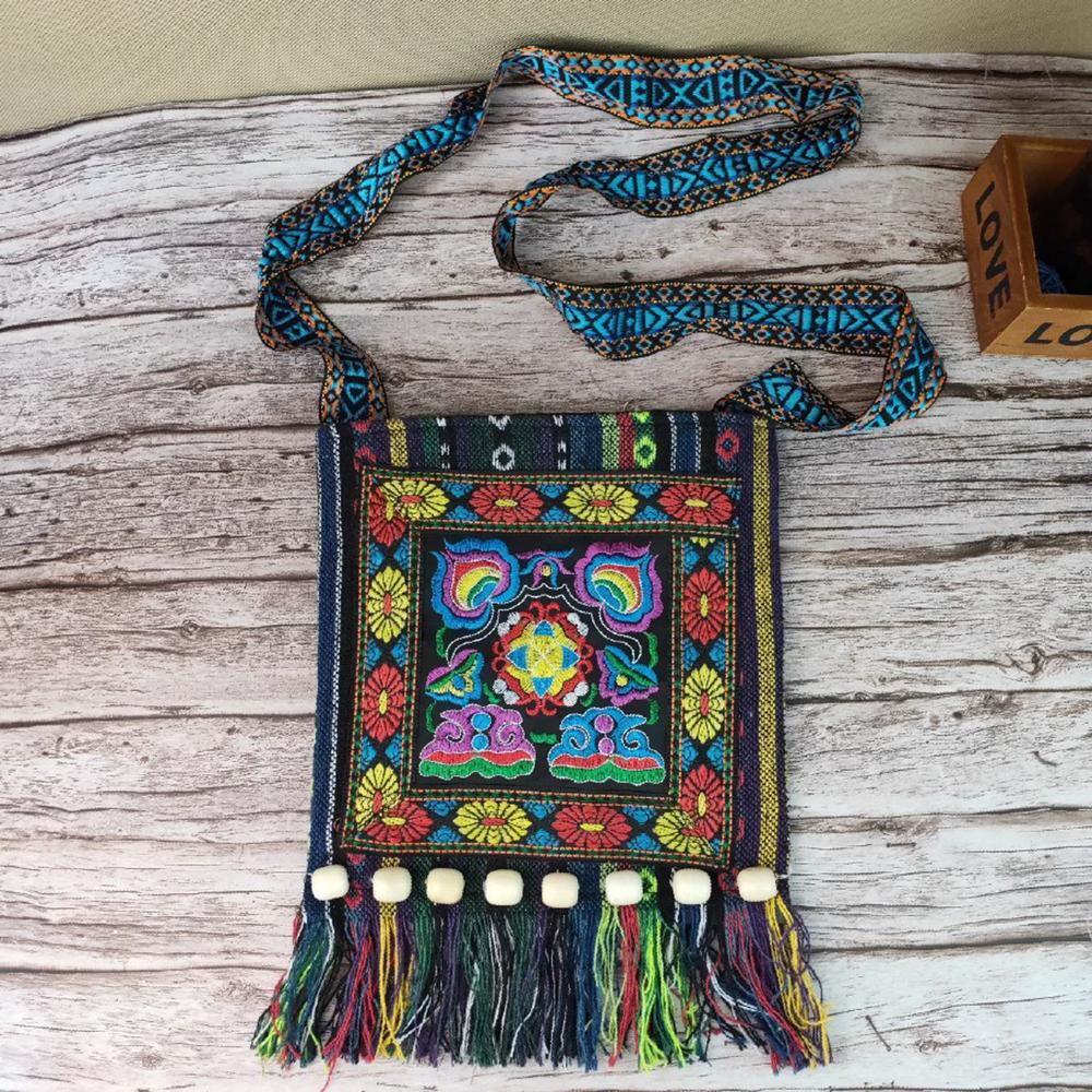 

Ethnic style embroidered bag, tassel bead bag, embroidered linen shoulder crossbody bag, vintage hand woven bag синий