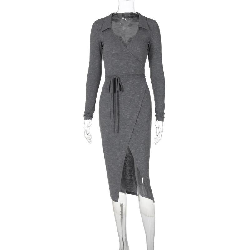 Long Sleeve Dress Sexy Bag Hip Tie Waist Slit Long Dress