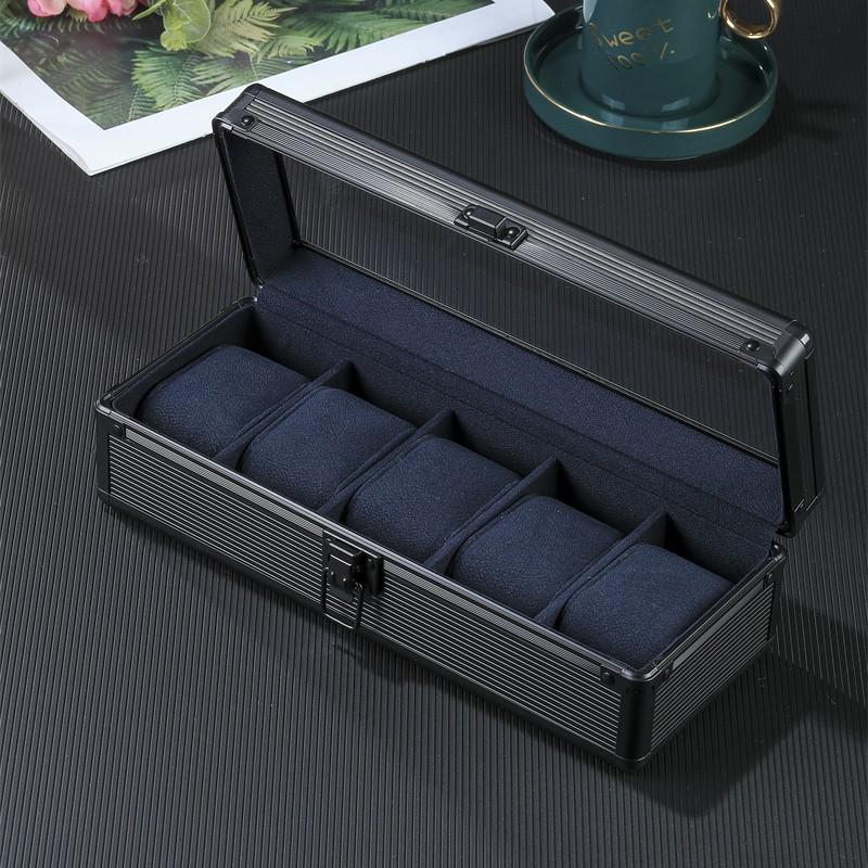 Aluminum Alloy Watch Box with Transparent Lid, 5 Slots, Multiple Colors