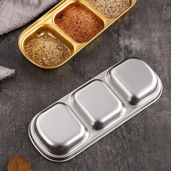 Stainless Steel Dipping Tray with 3 Compartments Easy to Clean Stackable Sauce Bowl Organizer Rack Tableware
