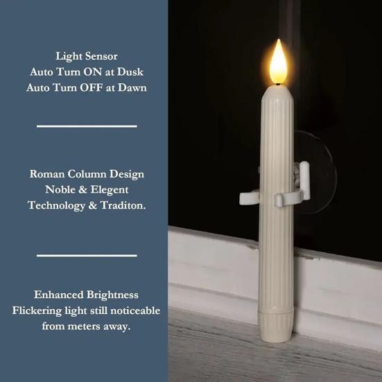 Flameless Window Candles with Sensor Dusk To Dawn Roman Column LED Conical Candles Battery Operated LED Taper Lights Suction Cups Christmas Decor