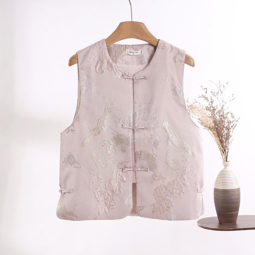 

Ретро темперамент жилет женский весна и лето новый круглый вырез пуговица-диск жаккардовый универсальный жилет топ 3XL ([Recommended 138-75kg]) розовый