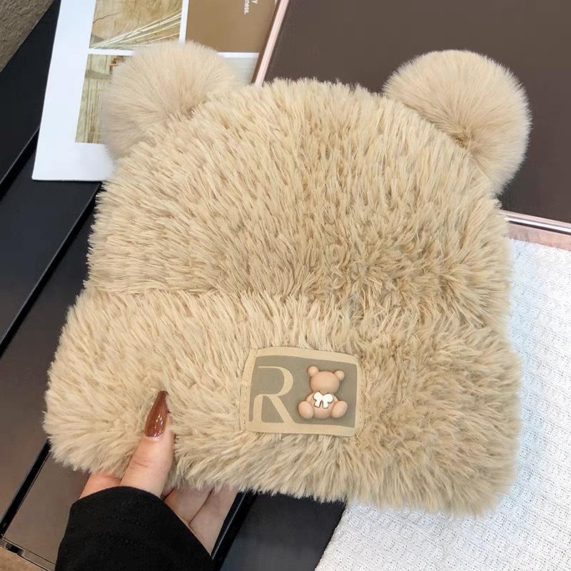 Cute bear plush hat women's winter warm wool hat shows a small face, sweet furry ear protector knitted hat