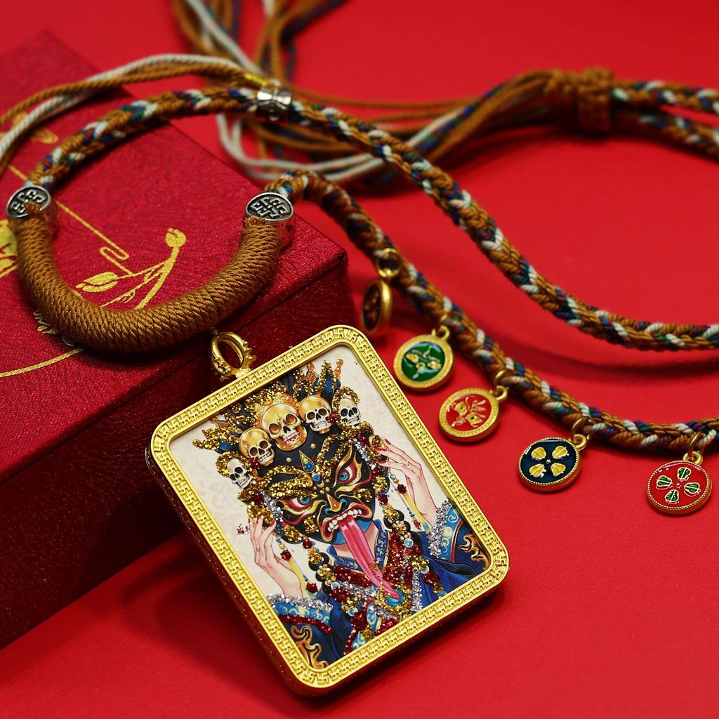 Classic Gold Tone Thangka Necklace: Multicolored Tibetan Zhakilamu, Female Wealth, Dazzling Colors, Semi-Handmade.