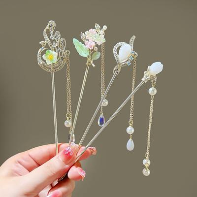 Light Luxury Women's Hairpin Glitter Rhinestone Flower Tassel Hair Stick Daily Life Travel Shopping Party Elegant Hair Accessory