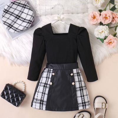 Traje Casual de Moda para Niñas Otoño Infantil Cuello Cuadrado Manga Larga + Falda a Cuadros con Parches de PU + Sombrero Conjunto de Tres Piezas