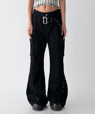 THE GREEN LAB Studded Belt Bootcut Cargo Pants [Black]