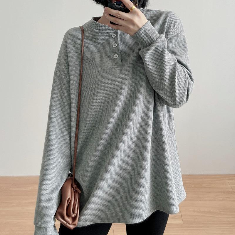 Waffle Long Sleeve T-Shirt Women's Season Thin Girlfriend Clothing Loose Student Interior Bottom Top