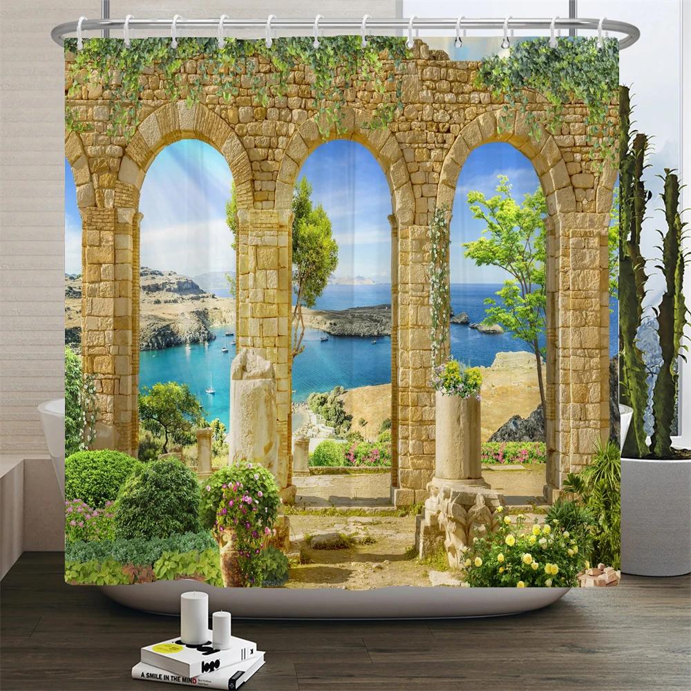 3D Moroccan Style Shower Curtain European Architectural Landscape Printed Waterproof Polyester Bathroom Curtain Decor With Hooks