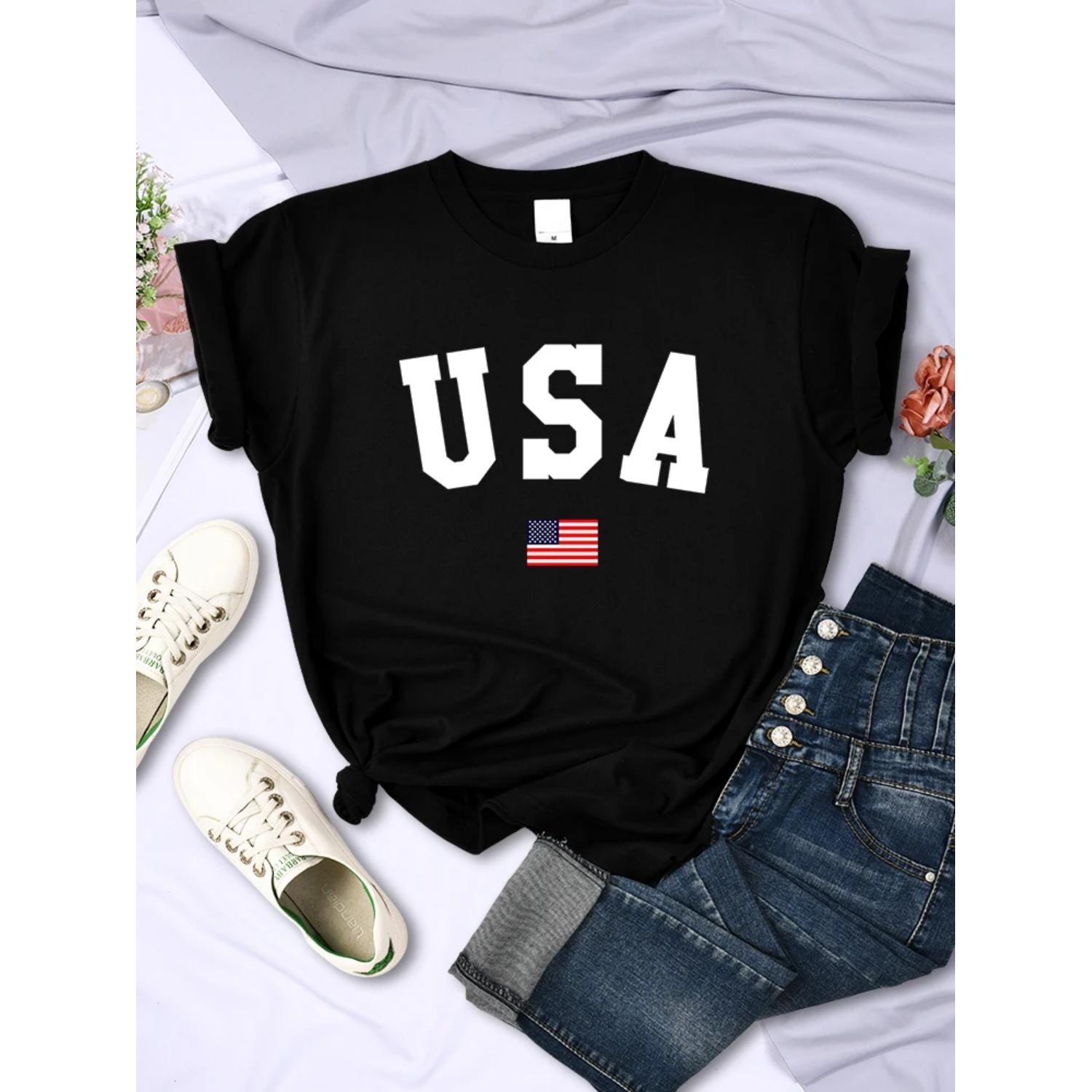 

USA National Flag City Street Printed Women T-Shirts Fashion Breathable Short Sleeve Summer Hip Hop O-Neck Tees Hip Hop Tshirts S чёрный