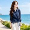 La Chapelle French-Inspired Irregular Lapel Tie-Waist Blouse