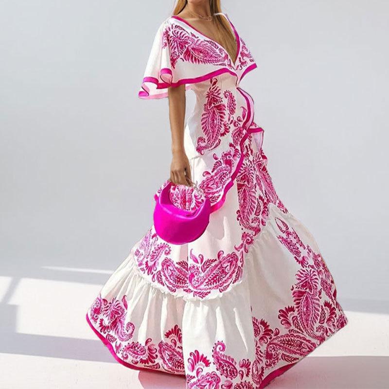 2026 Spring Elegant V-neck French Printed Long Dress for Women S