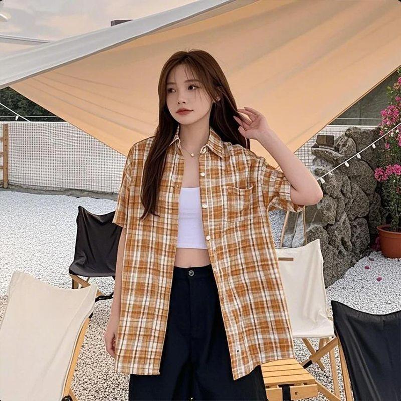 New Plaid Short Sleeved Shirt Japanese College Style Bloues Medium To Long, Sweet and Versatile Ladiese Shirts