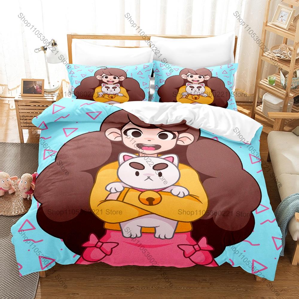 Coole skurrile Cartoon-Biene und Puppycat Charakter-Print Bettbezug + 2 Kissenbezüge Weiche Mikrofaser Kawaii Zimmer Bettwäsche