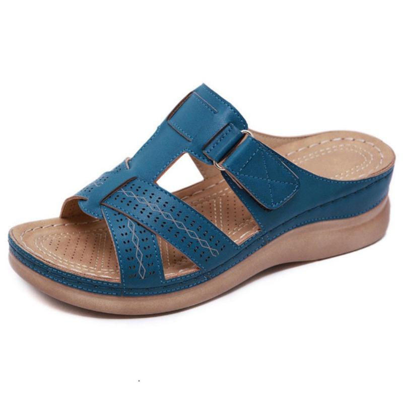 

Large Size Open-toed Slope Heel Slippers Women s 2 Summer Velcro Cross-Strap Hollow Beach Cool Slippers 43 синій