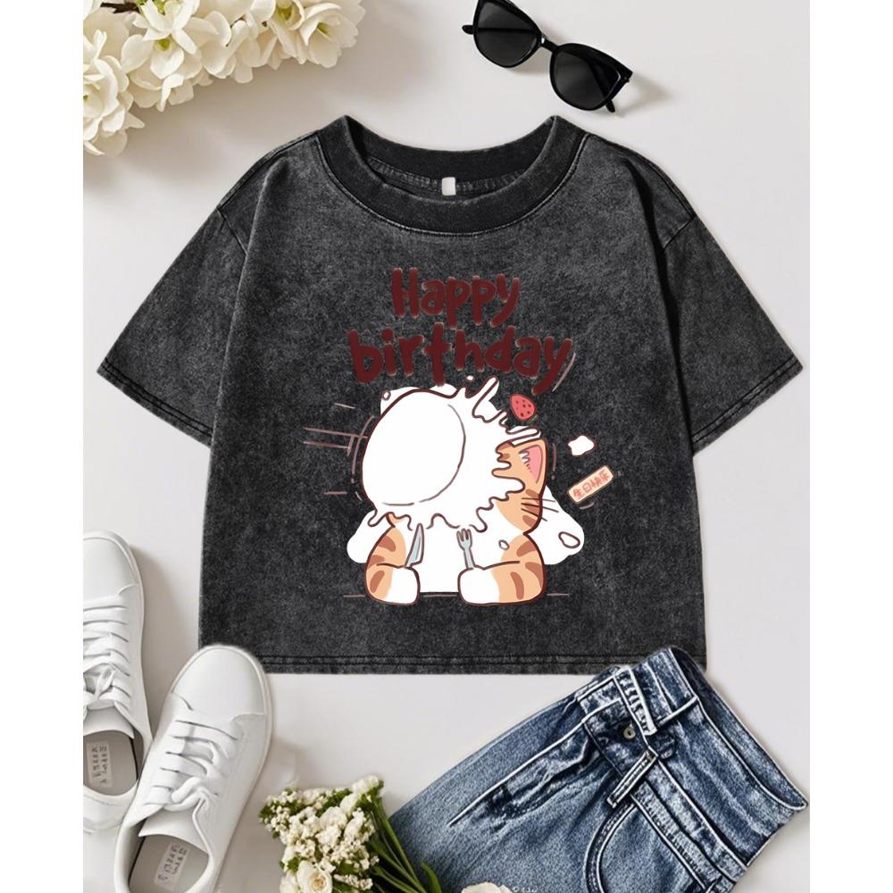 

Кошки Празднуют С Днем Рождения Принт Женские Укороченные Выстиранные Футболки с Коротким Рукавом Уличные Хлопковые Футболки с Круглым Вырезом Мягкие Топы Футболка XL