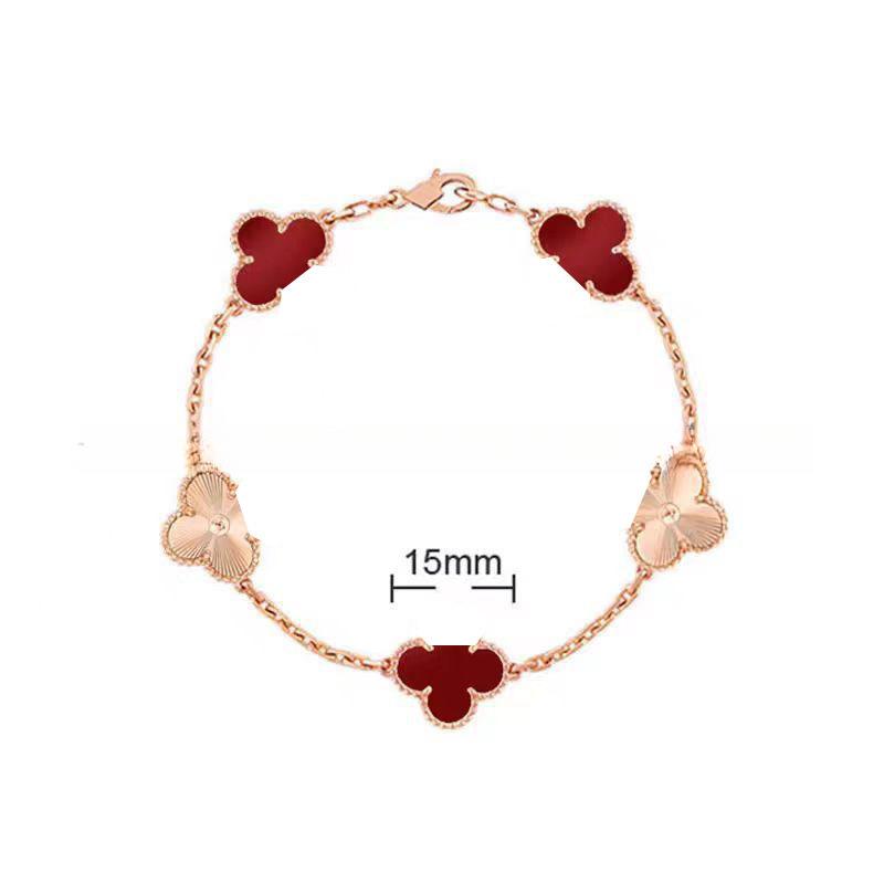 15MMHigh-quality Four-leaf Clover Five-flower Bracelet for Women 18k Natural White Mother-of-pearl and Red Chalcedony Bracelet