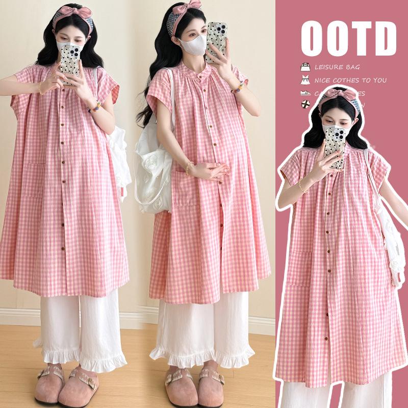 Chic Pink Plaid Maternity Summer Shirt Dress Set for Stylish Moms Large