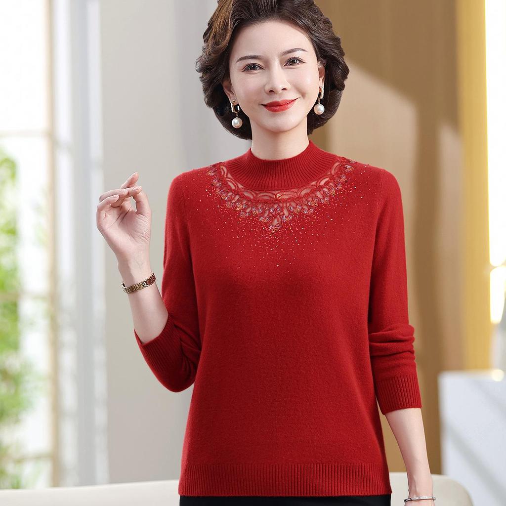 2025 New Style Mid-Neck Pure Wool Sweater with Embroidery for Middle-Aged & Elderly Women – Perfect for Autumn & Winter