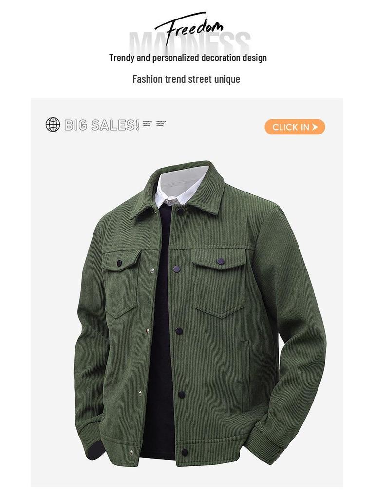 Men's Retro Corduroy Lapel Jacket - Spring/Autumn Workwear, Solid Color, Middle-Aged American Style