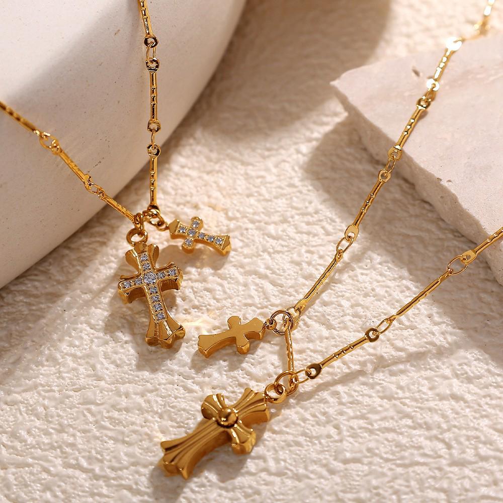 Elegant Rhinestone Double Cross Clavicle Necklace: Stainless Steel, High-End, Versatile Fashion Jewelry for Women