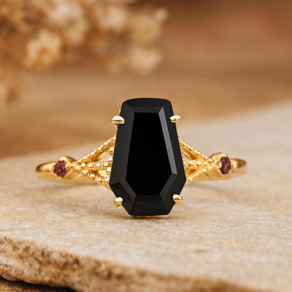 Coffin Cut Onyx Ring with Ruby Side Stones – Gothic Vintage Engagement Promise Ring In Gold Plated 925 Sterling Silver
