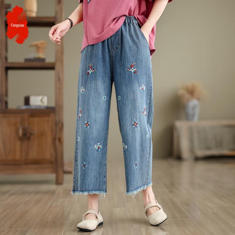 Женские вышитые свободные прямые укороченные джинсы, лето 2025 XL