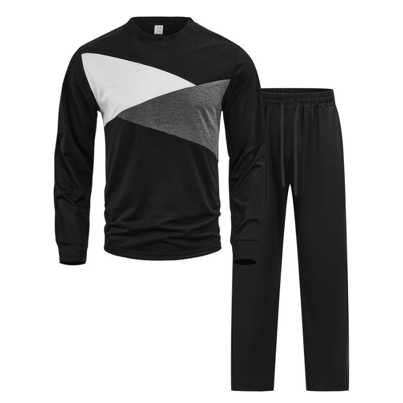Mens Color Block Crew Neck Long Sleeve Casual Straight Pants Two Piece Outfit Set