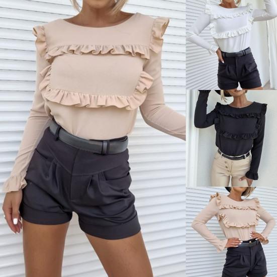 

Леди топ с воланами и круглым вырезом сексуальный сплошной цвет тонкий осень