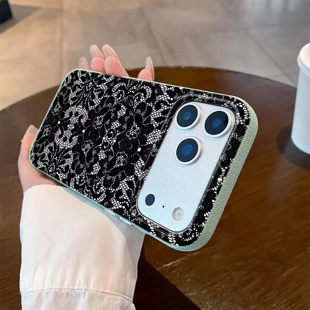 Black Lace Pattern Phone Case For iPhone 17 Pro Max 16 Plus 15 Pro 14 11 13 12 11 16E 17Air XR XS Lychee Textur Soft Cover