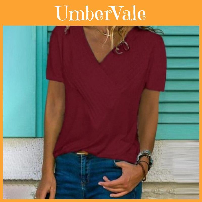 Women's V-neck Tunic Short Sleeve Loose Top T-shirt Plus Stylish Blouse Option