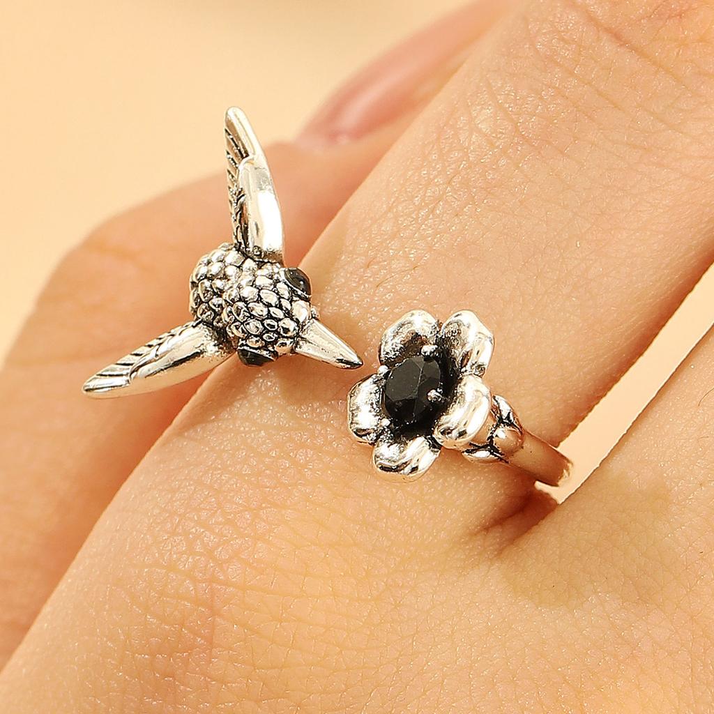 Hummingbird & Flower Open Ring Collection, Gold/Silver Tone Adjustable Gemstone Bird Rings for Women