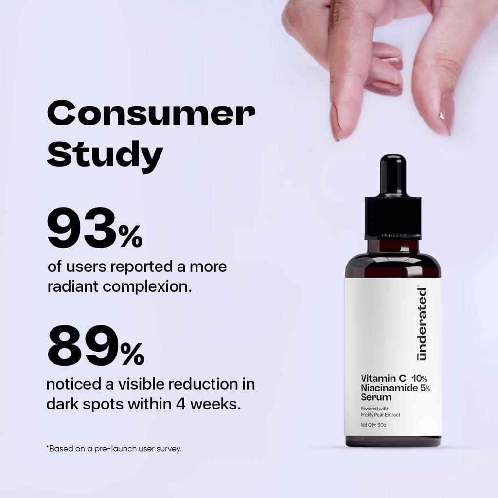 Underated 10% Vitamin C Face Serum with 5% Niacinamide | For Glowing Skin | Brightening, Pigmentation & Dark Spot Reduction | For All Skin Types | 3