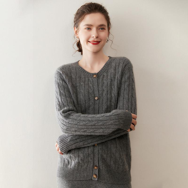Round Neck Twisted Pattern Cashmere Cardigan for Women - Autumn/Winter Long-Sleeve Versatile Warm Sweater