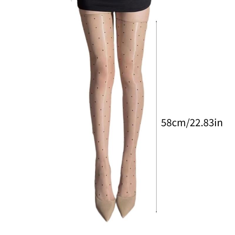 Glossy Finish Thigh High Stockings with Vintage Dots Pattern Oil Shimmery See Through Over Knee Long Socks for Women