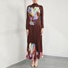 Women's Pleated Floral Two-Piece: Stand Collar Long Sleeve T-Shirt and Skirt