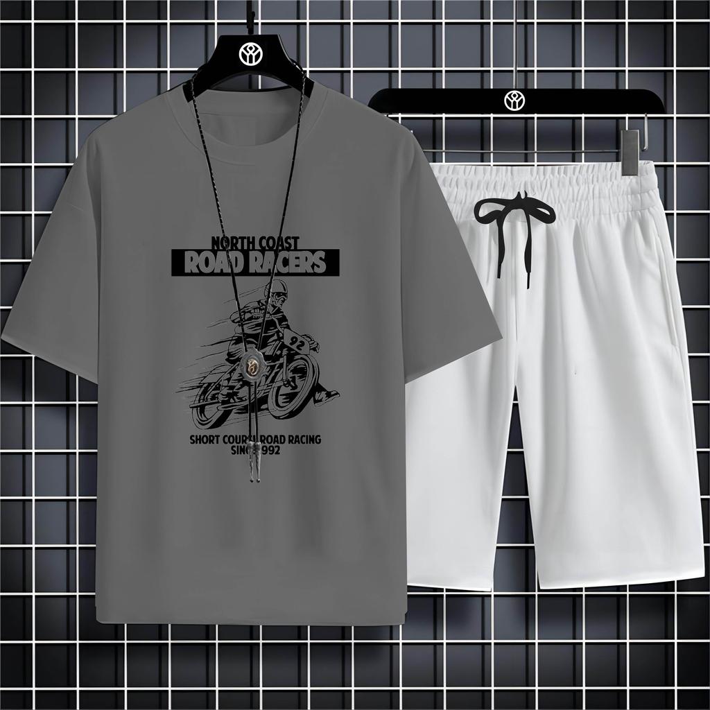 Summer Round Neck Men'S Outdoor Casual 2d Motorcycle Print Loose Comfortable Breathable Short Sleeve T-Shirt Beach Set T-Shirt