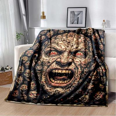 Horror Multi-Face Demon Print Flannel Blanket, Scary Red Eyes Throw Blanket