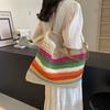 New Rainbow Contrasting Stripes Hand-woven Straw Bag Casual Versatile Seaside Vacation Shoulder Bag