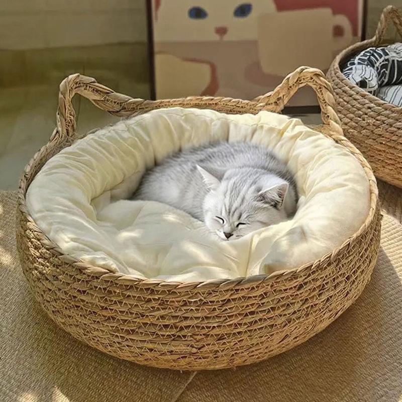 Four Seasons Cat Bed Woven Removable Upholstery Sleeping House Cat Scratch Floor Rattan Washable Cats Pet Products Accessories